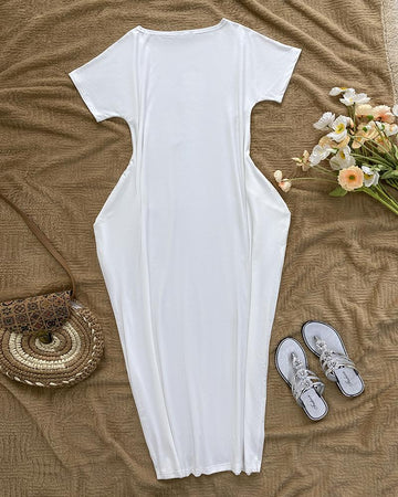 Heart Pattern Cold Shoulder Short Sleeve Maxi Dress Casual Pocket Design Loose Fit Dress